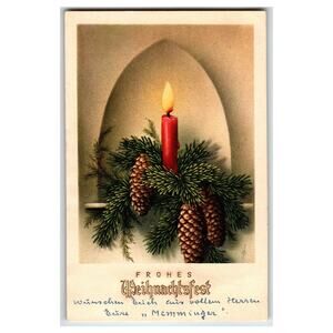 Vintage German Christmas Postcard Red Candle Pinecones Frohes Fest